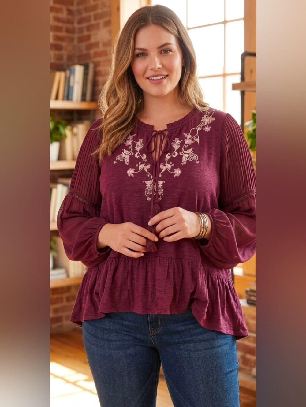 White House Black Market Plum Embroidered Peasant Blouse NWT Sz XL